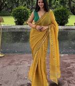 Yellow checked linen blend saree with blouse piece