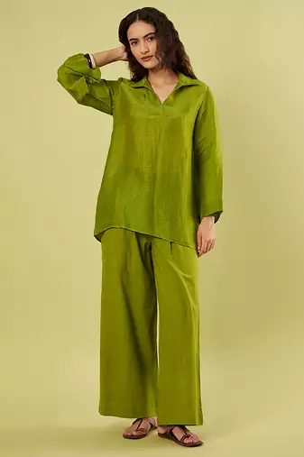 Olive green handwoven linen khadi kurta co ord set