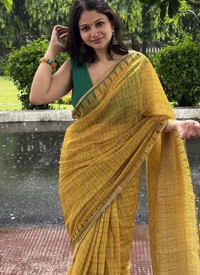 Yellow checked linen blend saree with blouse piece 2