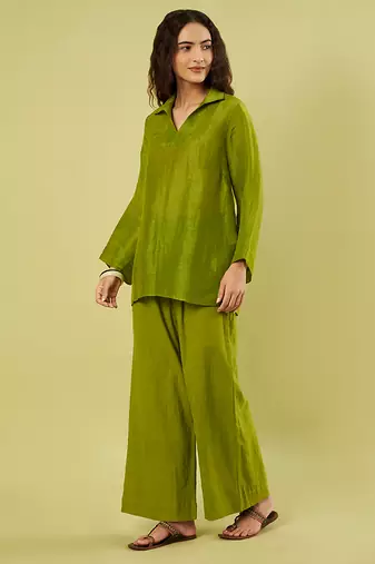 Olive green handwoven linen khadi kurta co ord set