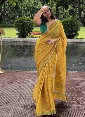 Yellow checked linen blend saree with blouse piece 4