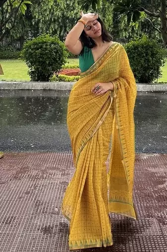 Yellow checked linen blend saree with blouse piece