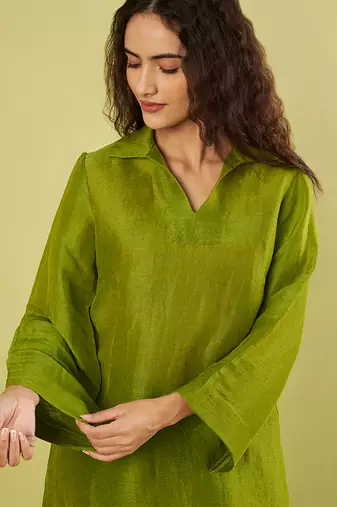 Olive green handwoven linen khadi kurta co ord set