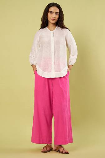 White and pink handwoven linen khadi shirt and pant set