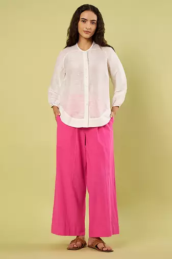 White and pink handwoven linen khadi shirt and pant set
