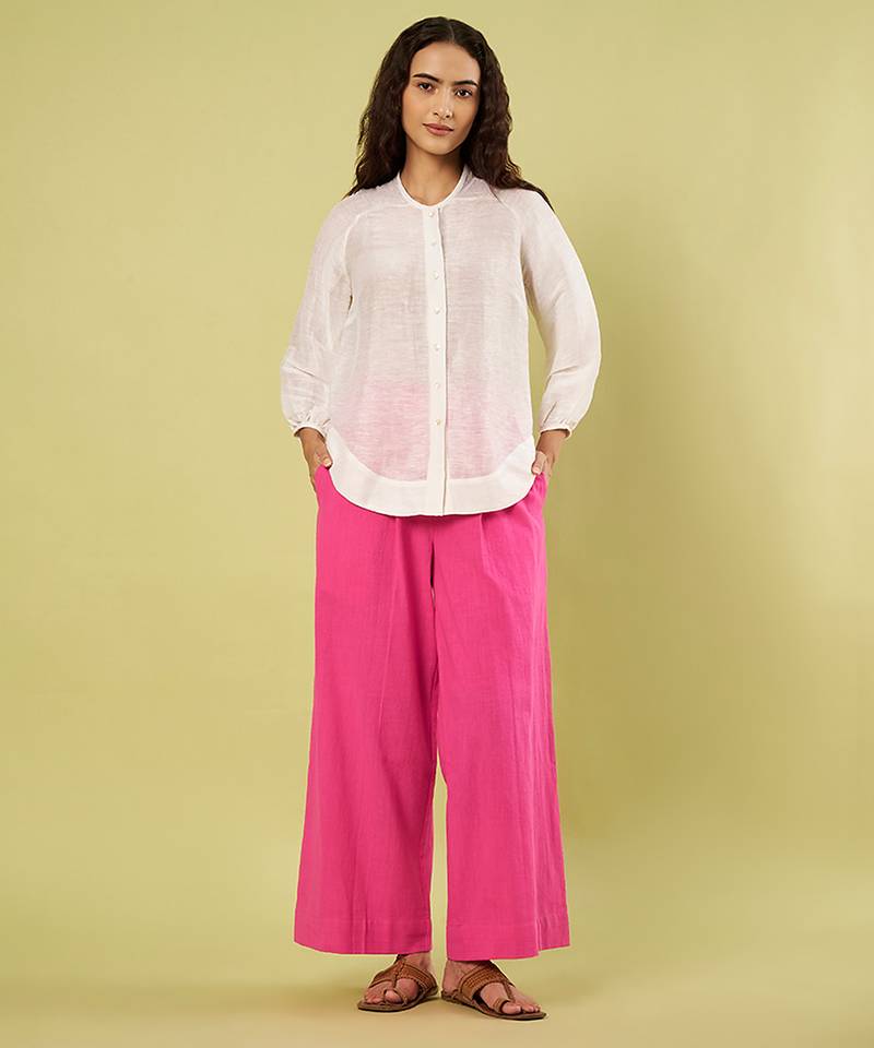 White and pink handwoven linen khadi shirt and pant set