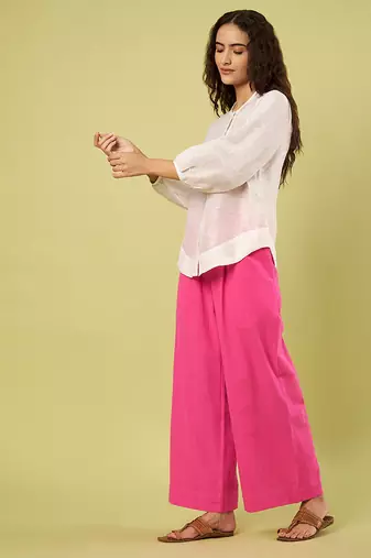 White and pink handwoven linen khadi shirt and pant set