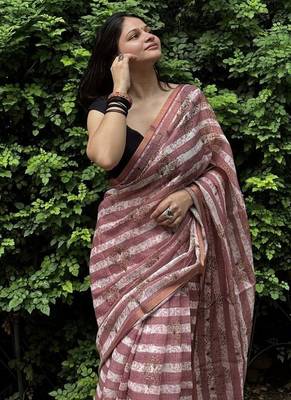 Pink striped linen blend saree with blouse piece 2