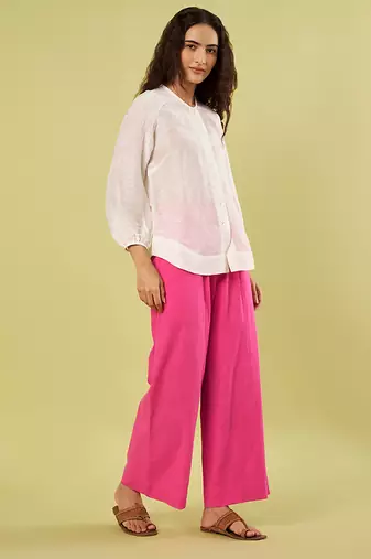 White and pink handwoven linen khadi shirt and pant set
