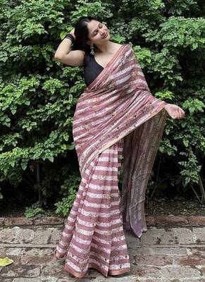 Pink striped linen blend saree with blouse piece 3