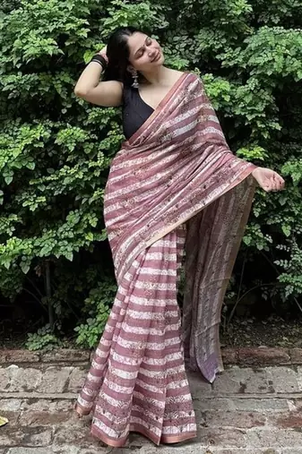 Pink striped linen blend saree with blouse piece