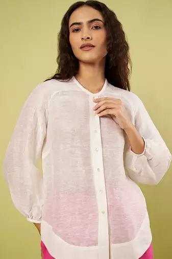 White and pink handwoven linen khadi shirt and pant set