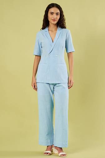Light blue handwoven khadi cotton jacket shirt and pant set
