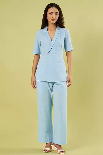 Light blue handwoven khadi cotton jacket shirt and pant set