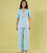 Light blue handwoven khadi cotton jacket shirt and pant set