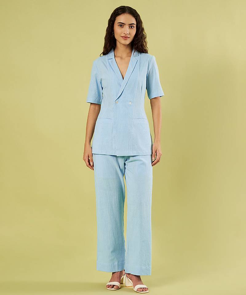 Light blue handwoven khadi cotton jacket shirt and pant set