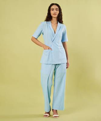 Light blue handwoven khadi cotton jacket shirt and pant set 2