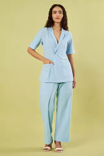 Light blue handwoven khadi cotton jacket shirt and pant set
