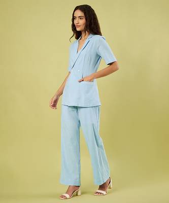 Light blue handwoven khadi cotton jacket shirt and pant set 3