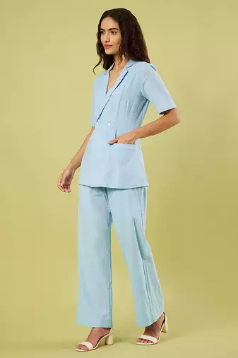 Light blue handwoven khadi cotton jacket shirt and pant set