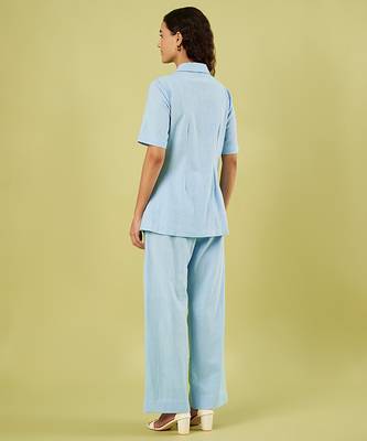 Light blue handwoven khadi cotton jacket shirt and pant set 4
