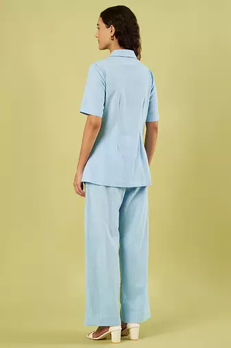 Light blue handwoven khadi cotton jacket shirt and pant set