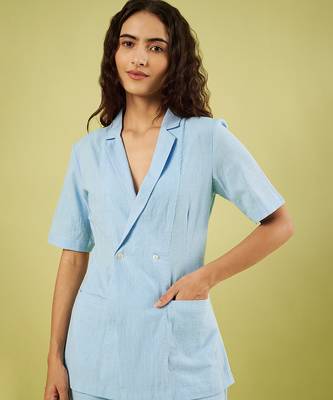 Light blue handwoven khadi cotton jacket shirt and pant set 5