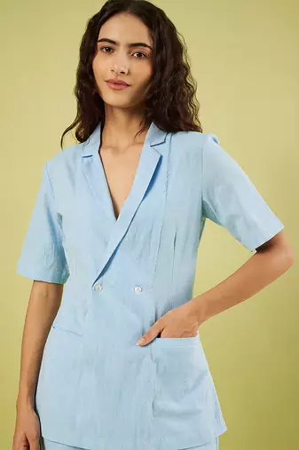 Light blue handwoven khadi cotton jacket shirt and pant set