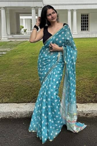 Blue polka dot linen blend saree with blouse piece