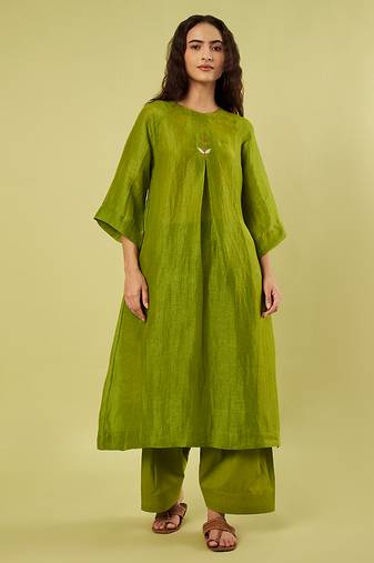 Olive green handwoven linen khadi kurta and salwar