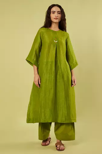 Olive green handwoven linen khadi kurta and salwar