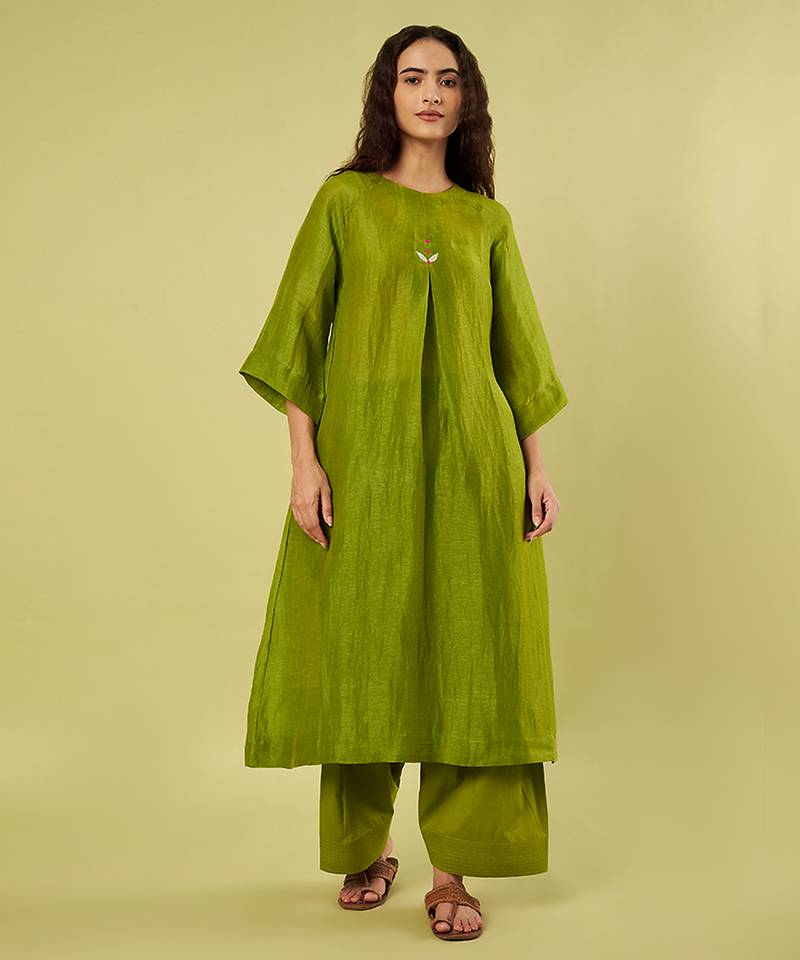 Olive green handwoven linen khadi kurta and salwar
