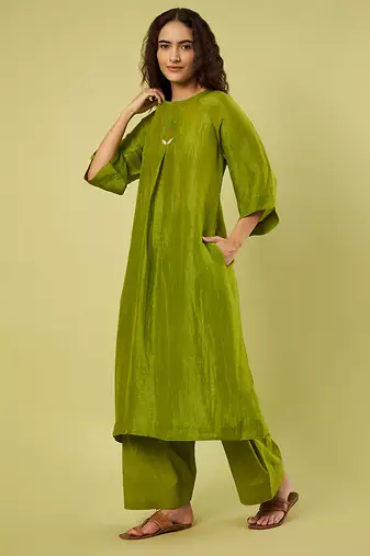 Olive green handwoven linen khadi kurta and salwar