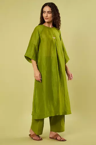 Olive green handwoven linen khadi kurta and salwar