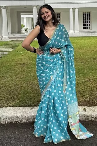 Blue polka dot linen blend saree with blouse piece