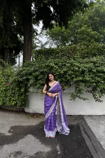 Purple checked linen blend saree with blouse piece