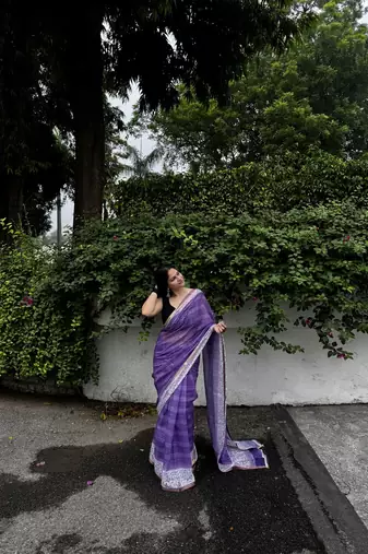 Purple checked linen blend saree with blouse piece