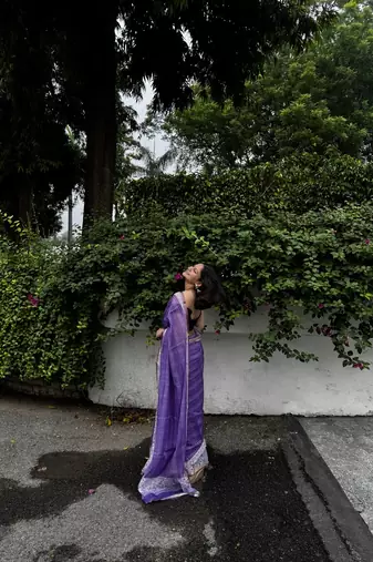 Purple checked linen blend saree with blouse piece