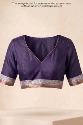 Purple checked linen blend saree with blouse piece 5