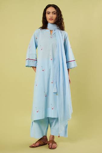 Light blue embroidered cotton chiffon kurta set
