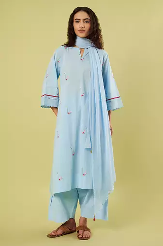 Light blue embroidered cotton chiffon kurta set