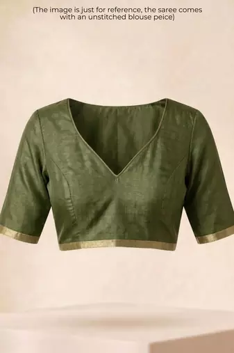 Green checked linen blend saree with blouse piece