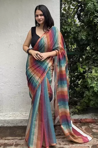 Multicolour striped linen blend saree with blouse piece