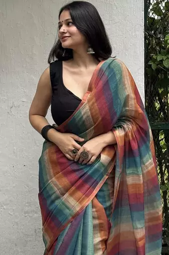 Multicolour striped linen blend saree with blouse piece