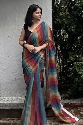 Multicolour striped linen blend saree with blouse piece