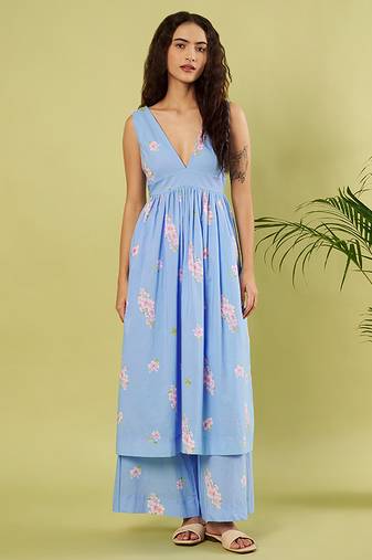 Light blue floral printed cotton kurta and palazzo set