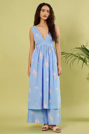 Light blue floral printed cotton kurta and palazzo set