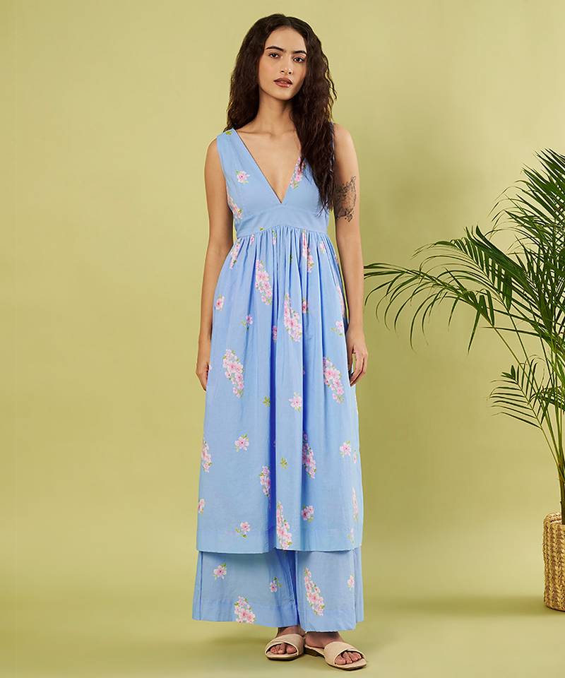 Light blue floral printed cotton kurta and palazzo set