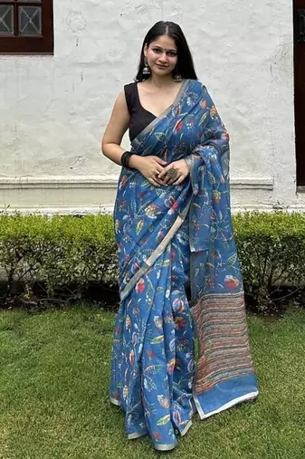 Blue floral linen blend saree with blouse piece