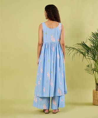 Light blue floral printed cotton kurta and palazzo set 4